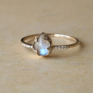 14K Solid Yellow Gold Pear Genuine Moonstone Diamond Band Mother Ring Jewelry - Picture 1 of 15