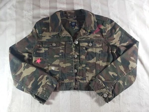 GAP Girls Jacket XL 12 Olive Camo Denim Crop Glitter Heart Stars Bolts Pockets - Picture 1 of 12