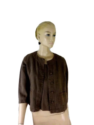 EILEEN FISHER IRISH LINEN CHOCOLATE-BROWN COMBO TOP- JACKET SIZE PS - Image 1 of 4