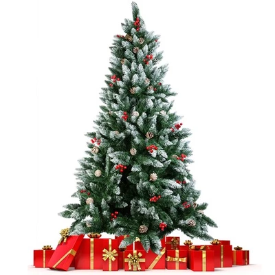 Christmas Tree with Stable Stand Snow Flocked Pine cones Red Berries Xmas Decor - Image 1 of 4