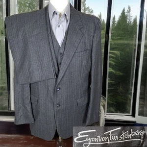 Egon Von Furstenburg 3 Piece Suit Mens 44L 36X32 Gray Stripe Flannel Tweed Wool - Bild 1 von 17