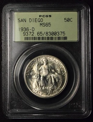 1936-D 50C COMMEMORATIVE SAN DIEGO SILVER HALF DOLLAR PCGS MS65 - Image 1 of 2
