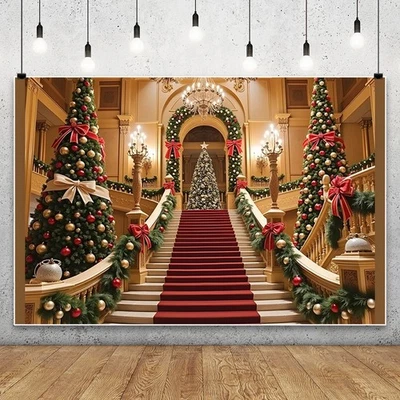 Merry Christmas  Backdrop Photo Castle Stairs Red Carpet Xmas Tree Background - Image 1 of 4