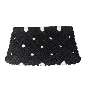 Vintage 1960's Black White Macrame Framed Clutch Bag Crochet - Picture 1 of 6
