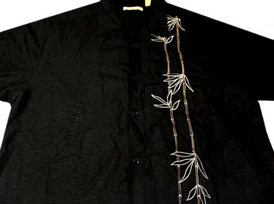 Camisa Havanera Co Para Hombres Botón Frontal Manga Corta Negra Lino Rayón Grande L Foto 1 de 4