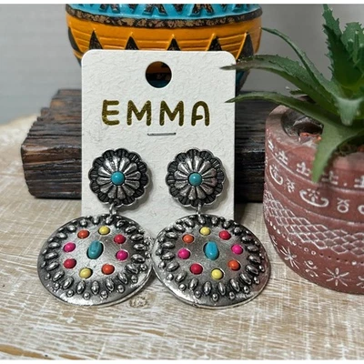 Western Boho Turquoise Beaded Dangle Earrings Silver Tone - Image 1 of 2