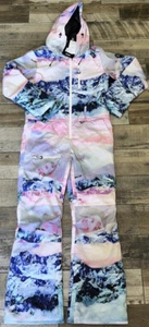 Gsou Snow Women Sz L Pink Blue Mountain Print One Piece Hooded Ski Suit NWT - Picture 1 of 12
