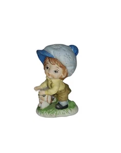Vintage Little Boy Porcelain Figurine Petting a Puppy with a Big Blue Hat 4¼" H - Picture 1 of 7