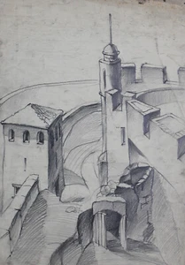Dibujo a lápiz original vintage paisaje firmado - Imagen 1 de 12
