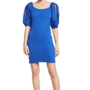 Betsey Johnson Damen Puff Ellbogen Ballonärmel gesmockt Minikleid blau Rüsche - Bild 1 von 1