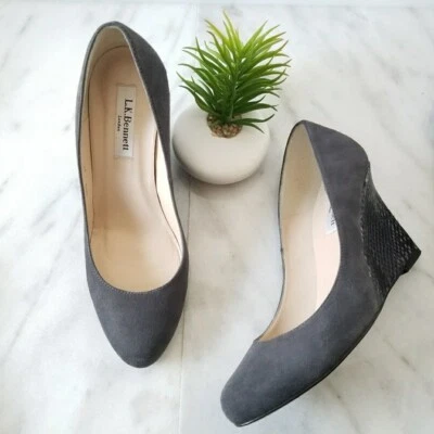 LK Bennett London Eirene Wedge Pumps Gray Suede Snake Print Heels Shoe Size 36 5 Foto 1 de 4