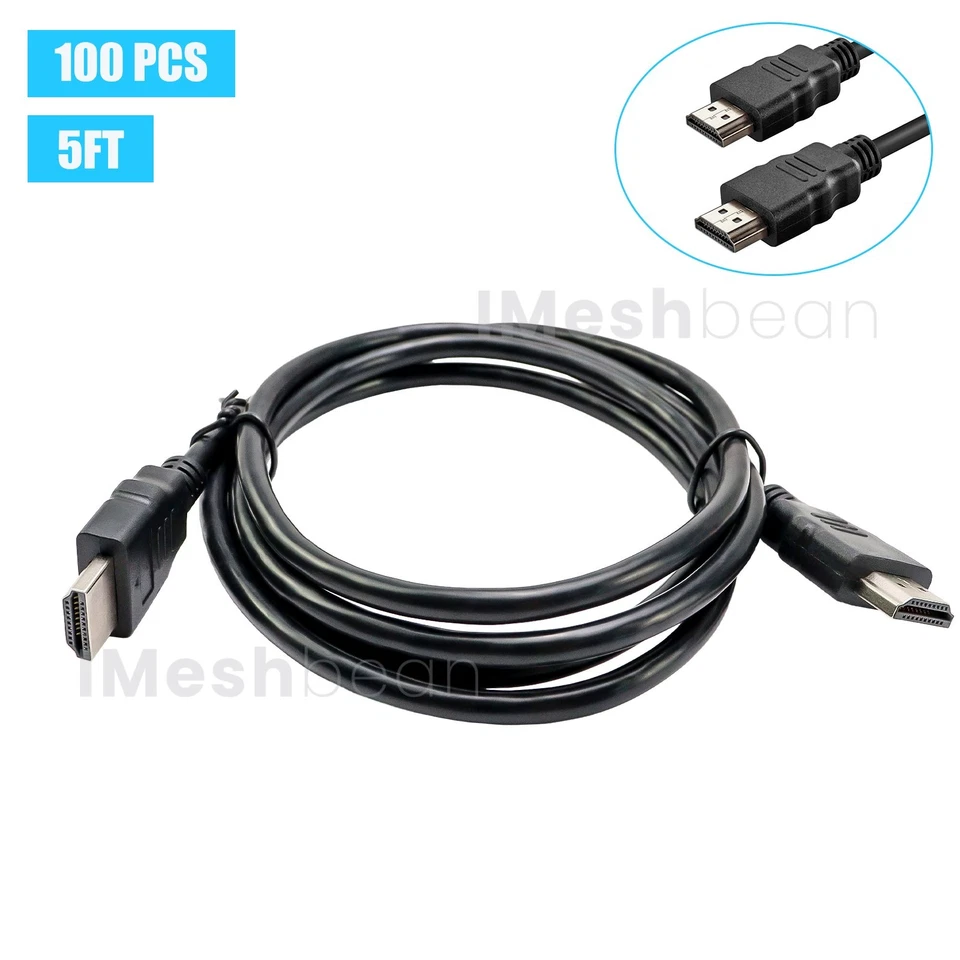 100 PCS 5FT High Speed Black HDMI Cables Bulk Lot Of 100 BrandNew 1080P HDTV PS3 - Image 1 of 4