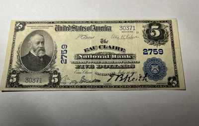 1902 National Currency   $5   EAU CLAIRE National Bank Wisconsin - Image 1 of 4
