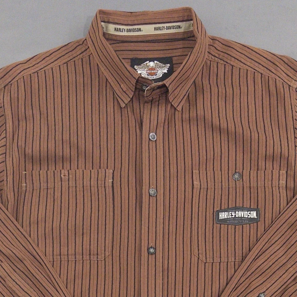 Camisa de manga larga Harley-Davidson para hombre marrón a rayas con botones Foto 1 de 4