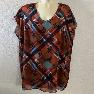 Cabi 3773 Naranja Quemado Azul Cuadros Estampado Floral 2 Piezas Enrejado Top Cami S Foto 1 de 4