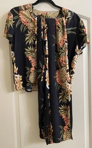 Vintage Hilo Hattie Blouse (M) Crop Pants (L) Hawaiian Set Black Tropic Pockets - Picture 1 of 15