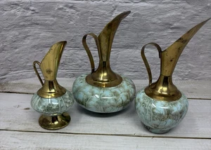 Set of 3 Delft Holland Hand Painted Ceramic and Brass Ewers Blue and Gold MCM - Picture 1 of 24