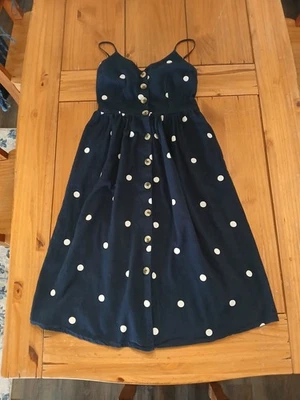 Japna Navy Blue Polka Dot Dress M Sleeveless Linen Blend Cottage Retro Nautical - Image 1 of 4