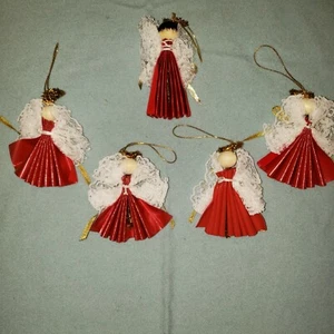 Vintage Angeli di Natale Rosso Velluto Pizzo Kitsch Chic Set di 5 - Foto 1 di 6