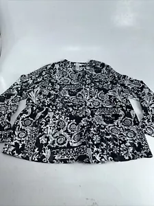 Martinique Black White Floral Blouse Semi Sheer Long Sleeves Metallic Shiny Sz14 - Picture 1 of 10