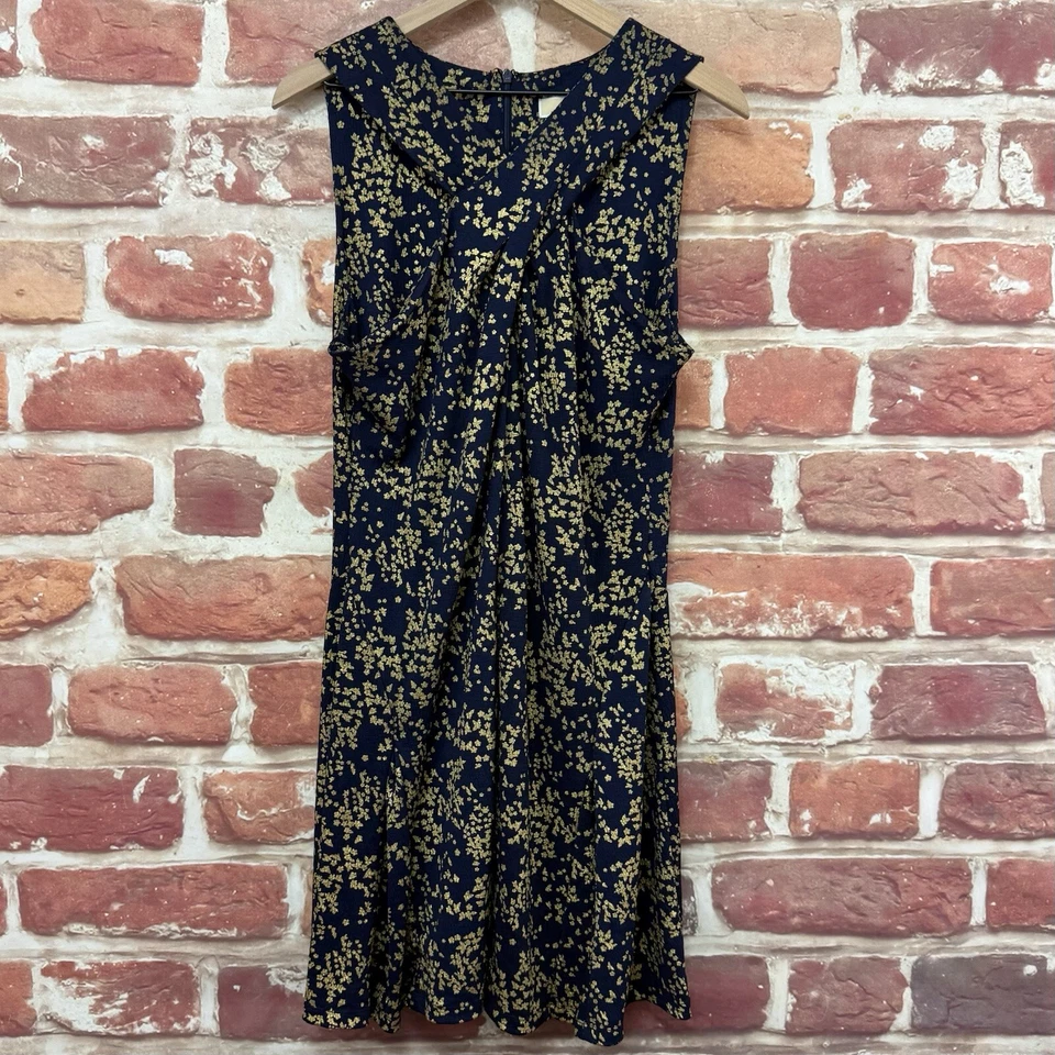 Vestido Michael Kors Mujer XL Azul Dorado Metálico Ditsy Floral Elástico Cremallera Foto 1 de 4