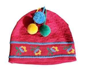 Hanna Andersson Knit Beanie Red with Flowers Pom Poms Made in Sweden - Picture 1 of 9