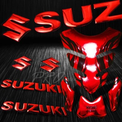 Chrome Red Tribal Fire Tank Pad+6" 3D Suzuki Logo+Letter Fairing Emblem Sticker - Image 1 of 3