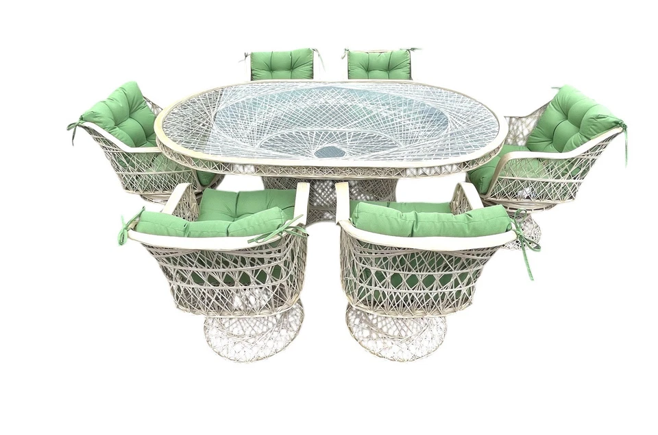 Excepcional MCM Russel Woodard Fibra de Vidrio Hilada Patio Mesa Silla Patio Set OFERTA Foto 1 de 4