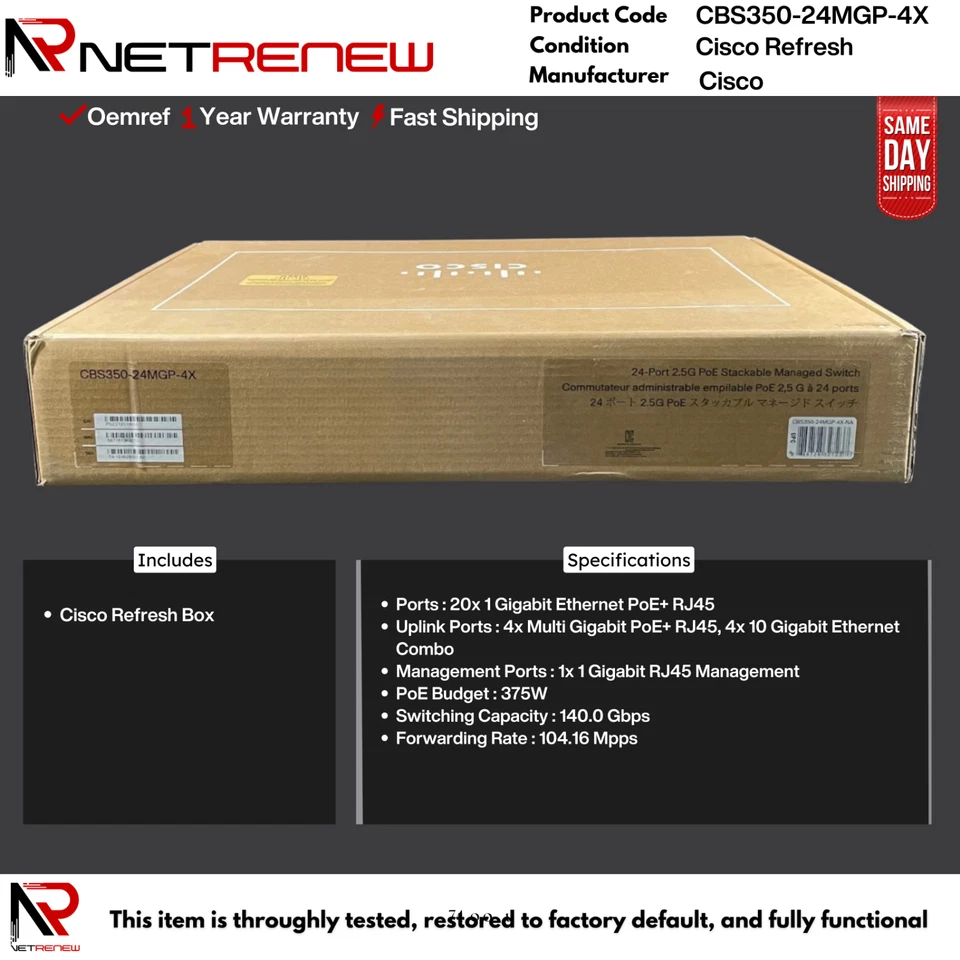 Refresh Cisco CBS350-24MGP-4X 24 Port PoE  GbE Switch Smart Eligible - Image 1 of 1
