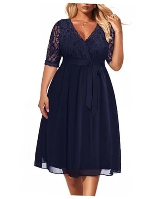 Vestidos de encaje talla grande de gasa con cuello en V para mujer cóctel 18 Plus azul marino Foto 1 de 4