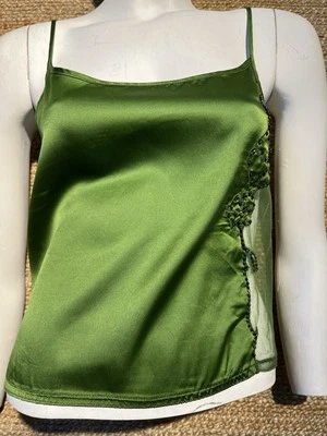 Patrizia Pepe Firenze Kelly Green Satin Nylon Mesh Beads Flower Camisole Sz 42 - Image 1 of 4