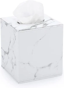 Square Leather Tissue Box Cover - Stylish Cube Holder with Magnetic Marble White - Picture 1 of 5