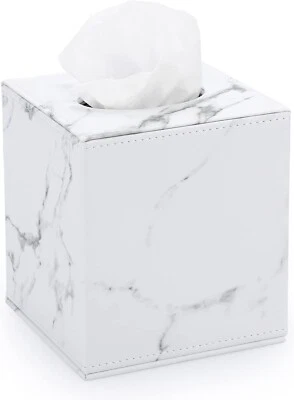 Cubierta de caja de pañuelos de cuero cuadrada - Elegante soporte para cubo con mármol magnético blanco Foto 1 de 4