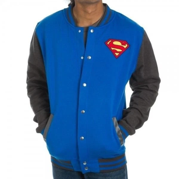 Mens NWT DC Comics Superhero Superman Shield Letterman Jacket Snap Size M XL 2XL - Image 1 of 1