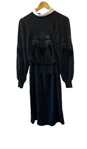 VINTAGE Black Wool Velvet Logo Detachable Collar Long Sleeve Knee Length Dress 8 - Picture 1 of 8