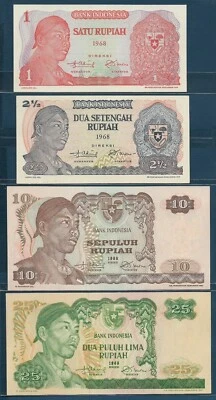 Indonesia 1 2.5 10 25 50 100 500 1000 Rupiah 8Pcs, 1968, P 102~3 105~110, AU-UNC - Image 1 of 4