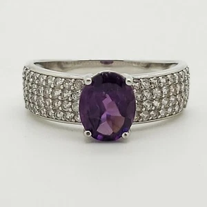 New KJC 925 Sterling Silver Oval Amethyst & White Topaz Cocktail Ring Size 11.5 - Picture 1 of 11