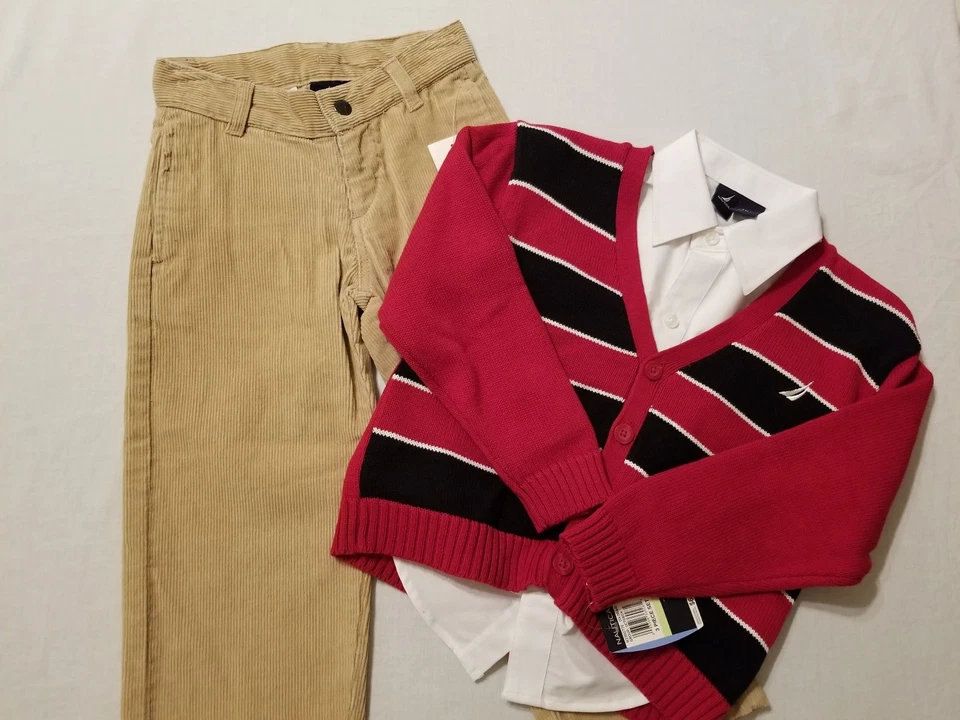 NUEVO CON ETIQUETAS Nautica Niños Talla 4 Pantalones Camisa Cárdigan Suéter Conjunto de 3 Piezas Rojo Negro Tostado Niños Foto 1 de 4