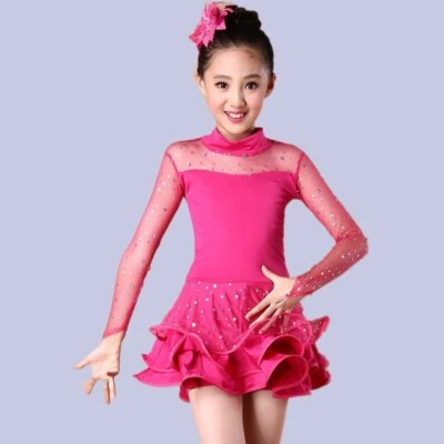 Kid Girls Salsa Latin Dance Dress Glitter Mesh Sequin Dancewear Ruffled Practice - Image 1 of 4
