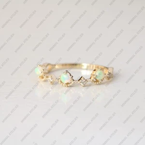  Ethiopian Round Opal & Diamond Milgrain  14k Yellow Gold Wedding Band Ring - Picture 1 of 6