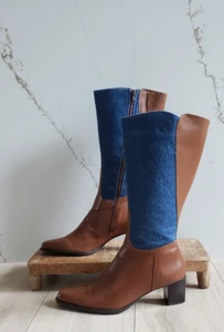 Stivali vintage Attiva donna 8M pelle marrone denim alti metà polpaccio punta quadrata Y2K Braz - Foto 1 di 8
