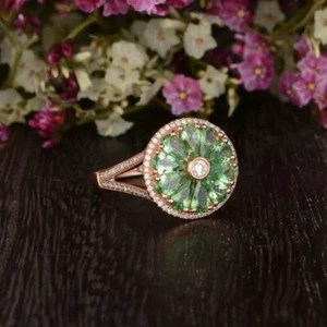 3CT Pear Cut Lab Created Green Peridot Halo Wedding Ring 14K Rose Gold Plated - Picture 1 of 6
