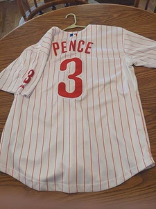 HUNTER PENCE PHILADELPHIA PHILLIES RED PIN STRIPE MAJESTIC JERSEY, FREE SHIPPING - Picture 1 of 8