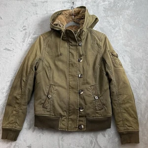 VTG Old Navy Bomber Jacket Women Medium Army Green Faux Fur Hood Y2K Mallcore - Picture 1 of 14