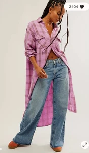 NUOVO FREE PEOPLE CP Shades rosa a quadri tunica maxi camicia abito spolverino TG M - Foto 1 di 8