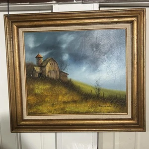 Vintage Large Everett Woodson Oil Painting Barn Silo and landscape of field - Picture 1 of 19
