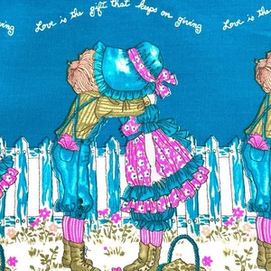 Vtg Holly Hobbie Border Fabric Blue LOVE Roth Manes Cotton READ 44"x 1+ Yds - Picture 1 of 9