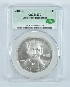 2009-P Louis Braille Commemorative Silver Dollar MS70 CAC CACg - Picture 1 of 5