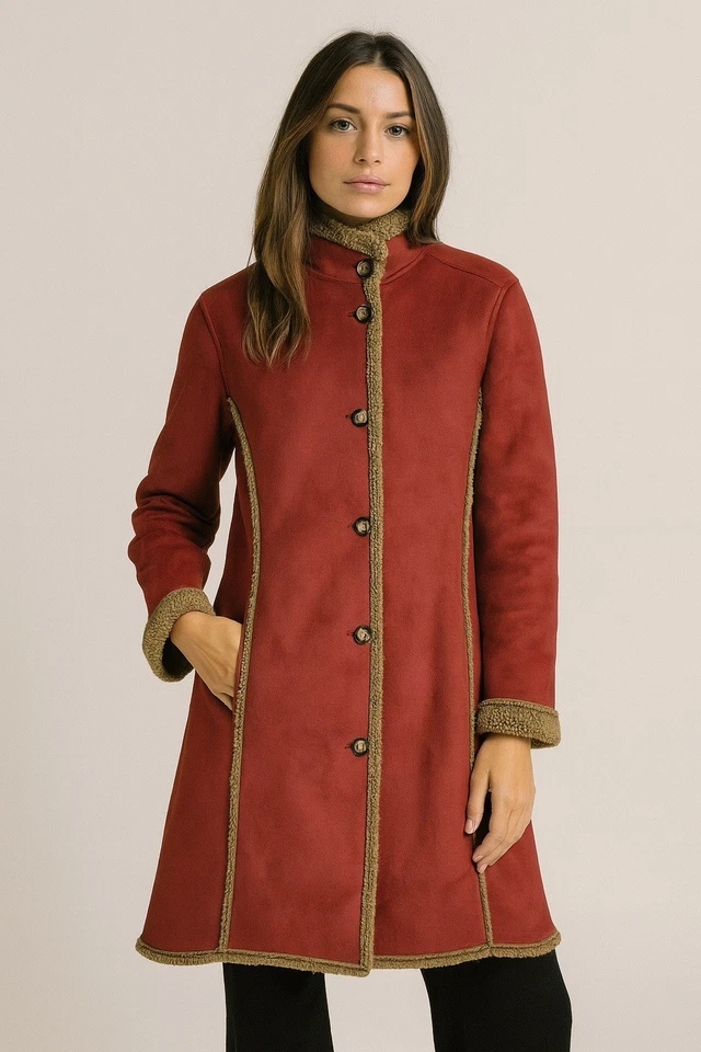 复古 LL Bean Sherpa Pennylane 外套女式 M 蔓越莓红色人造麂皮绒厚长 — 第 1/4 张图片