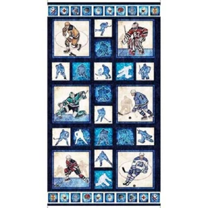 Quilting Treasures ~ Ice Hockey Puck Players ~ 100% Cotton Quilt Fabric Panel - Picture 1 of 1